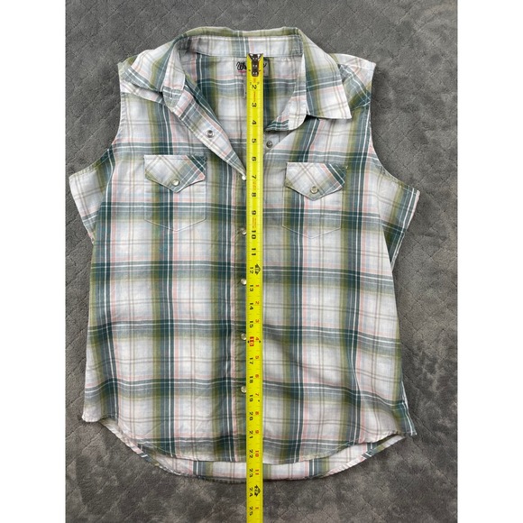 Wrangler Western Plaid Sleeveless‎ Snap Button Shirt M Medium - Picture 3 of 10